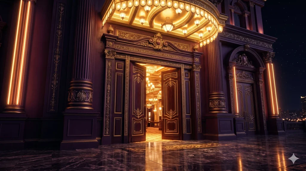 DaVegas giriş – altın ışıklı casino kapıları ve lüks Vegas girişi